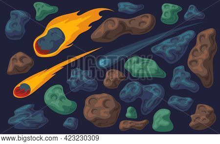 Falling Fireball, Different Space Stones Vector Illustration Set. Asteroids, Meteorites, Meteoroids,