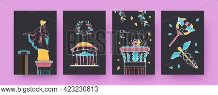 Set Of Contemporary Art Posters With Roman Empire Symbols. Pantheon, Capitoline Wolf Vector Illustra