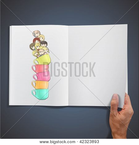 Barevné kelímky s dětmi uvnitř knihy