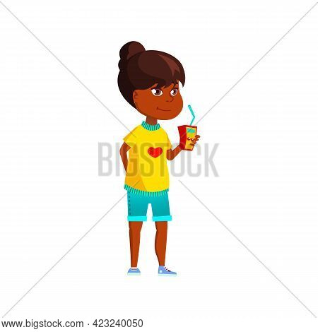 Cute African Girl Drinking Juice From Package Cartoon Vector. Cute African Girl Drinking Juice From 
