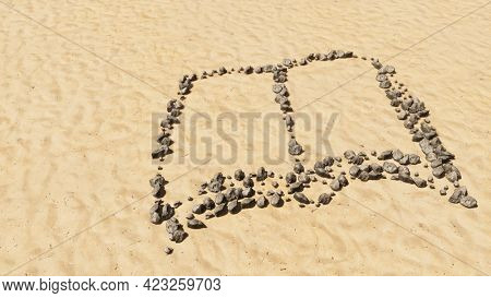 Concept conceptual stones on beach sand handmade symbol shape, golden sandy background, open book sign. A 3d illustration metaphor for learning, education, research,  science, literature and culture