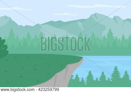 Scenic Highland Plato Flat Color Vector Illustration. Forest Clearing With View On Lake. Spot For Ca