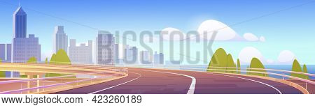 Overpass Highway, Empty Road To City With Skyscraper Buildings And Modern Houses Over Sea Landscape.