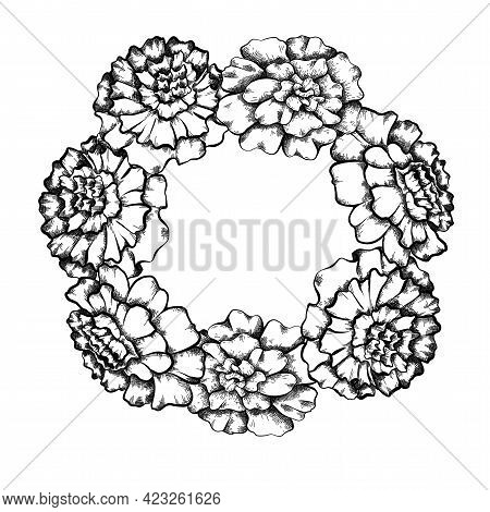 Round Frame With Monochrome Sketch Of Marigolds And Copy Space. Invitation Cards With Garland Of Flo