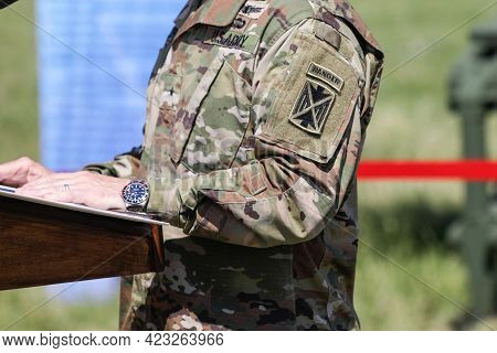 Capu Midia, Romania - June 9, 2021: Details With The Us Army Ranger Tab On The Shoulder Sleeve Insig