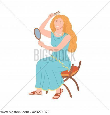 Roman Woman Wearing Long Tunic And Sandals Looking In The Mirror And Brushing Vector Illustration