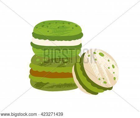 Green Tea Macaroons With Fillings. Japanese Macarons With Matcha Ganache, White Chocolate And Carame
