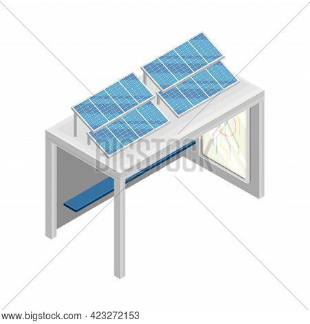 Bus Stop Powered By Solar Panel Rested On Top As Smart City Isometric Vector Illustration
