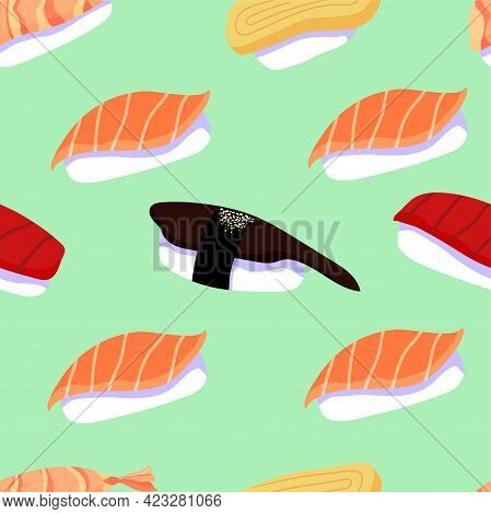 Colorful Vector Seeamless Pattern With Japanese Sushi With Salmon, Tuna, Egg, Shrimp And Eel