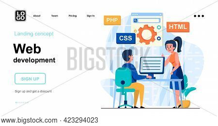 Web Development Web Concept. Programmers Coding Code, Creates Page Layout, Setting Up Search Engine.