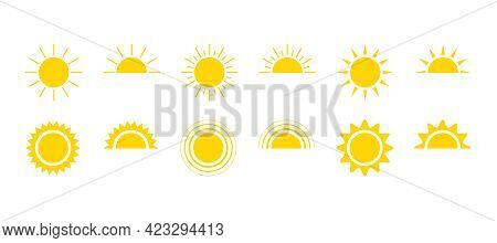 Yellow Sun Icon Set, Sunshine And Solar Glow, Sunrise Or Sunset. Decorative Circle Full And Half Sun