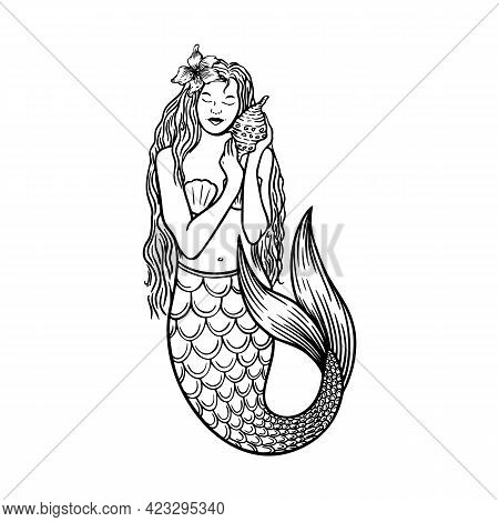 Beautiful Young Mermaid With Lilies With The Sea Shell And Pearl. Sea Underwater Fantasy Creature Wi