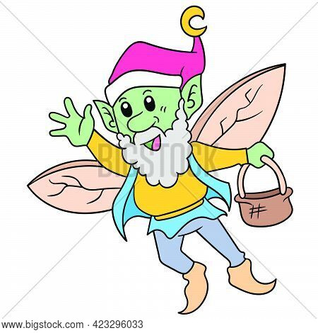 The Old Fairy Dwarf Flew Home Carrying An Empty Basket, Vector Illustration Art. Doodle Icon Image K