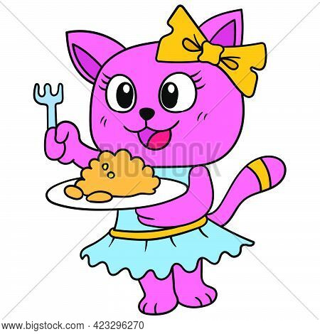 A Beautiful Cat Woman Is Serving The Food She Cooked, Vector Illustration Art. Doodle Icon Image Kaw