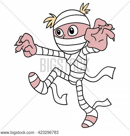 Undead Mummified Walking Scary With Bandages All Over The Body, Vector Illustration Art. Doodle Icon