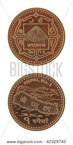 Nowe monety jedna Rupia nepalska przedstawiające Mont Everest i mapy z Nepalu. Awers i rewers izolować