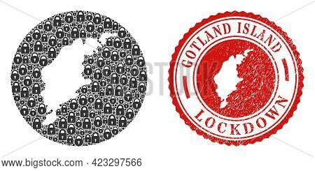 Vector Mosaic Gotland Island Map Of Locks And Grunge Lockdown Seal Stamp. Mosaic Geographic Gotland 