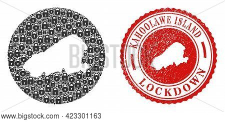 Vector Collage Kahoolawe Island Map Of Locks And Grunge Lockdown Seal Stamp. Mosaic Geographic Kahoo