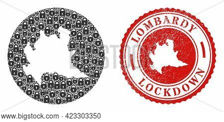 Vector Mosaic Lombardy Region Map Of Locks And Grunge Lockdown Seal Stamp. Mosaic Geographic Lombard