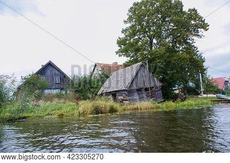 Matrosovka River, Polessky District, Kaliningrad Region, Russia, September 21, 2019. Wooden Houses O