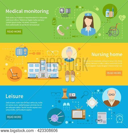 Elderly Care In Nursing Home Horizontal Banners With Tools For Medical Monitoring And Free Time Elem
