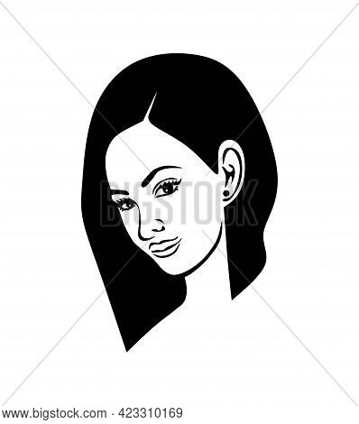 Beautiful Girl Woman Vector Portrait Profile Head Face Black Silhouette,bob Hair Haircut Hairstyle.f