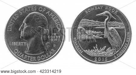 Obverse And Reverse Of 2015 Quarter Dollar Cupronickel Us Coin Isolated On White Background