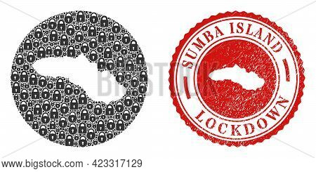 Vector Mosaic Sumba Island Map Of Locks And Grunge Lockdown Stamp. Mosaic Geographic Sumba Island Ma