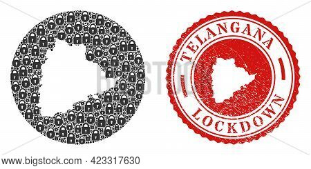 Vector Mosaic Telangana State Map Of Locks And Grunge Lockdown Seal Stamp. Mosaic Geographic Telanga