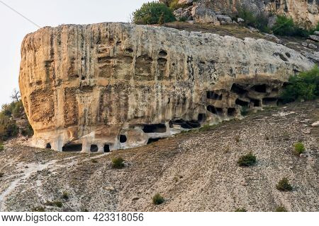 Tepe-kermen Is An Ancient Cave Town In Crimea. Scenic Sunny Day Landscape