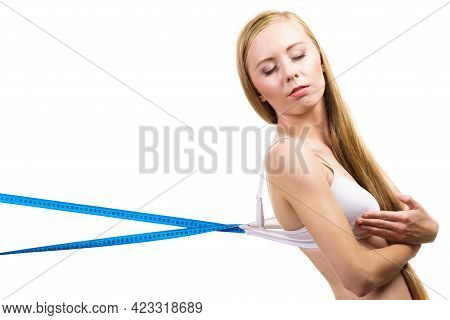 Woman Wearing Wrong Bra, Underbust Band Too Loose. Female Breast In Lingerie. Measure Bra Size, Fitt