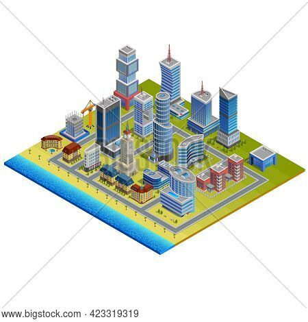 Isometric City With Modern And Historic Buildings Near Beach And Sea On White Background Vector Illu