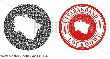Vector Mosaic Uttarakhand State Map Of Locks And Grunge Lockdown Seal. Mosaic Geographic Uttarakhand