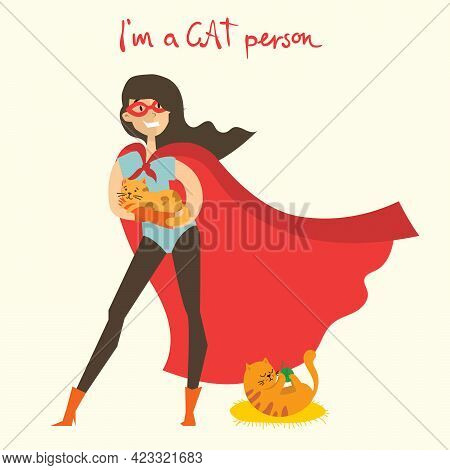 Cartoon Vector Card With Superhero Girl With Cute Cat