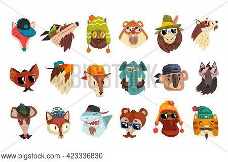 Cute Animal Heads Set, Owl, Koala, Wolf, Elephant, Tiger, Fox Wearing Stylish Headgears And Sunglas 