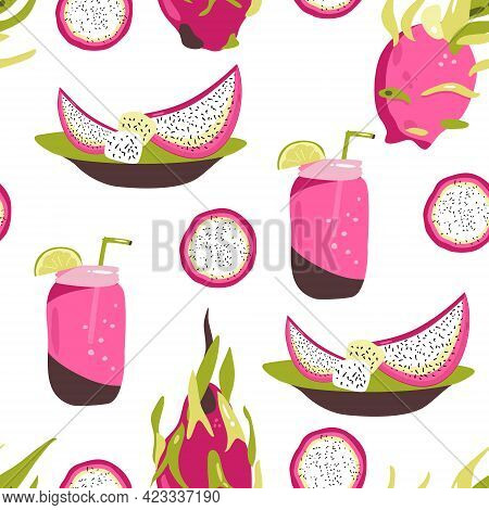 Pitayas Hand Drawn Seamless Pattern.tropical Exotic Dragon Fruit. A Source Of Linoleic Acid.summer F