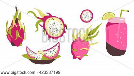 Pitayas Hand Drawn Set. Tropical Exotic Dragon Fruit. A Source Of Linoleic Acid. Fresh Smoothie Cock