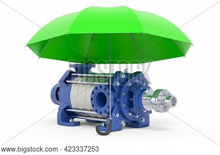 Horizontal Multistage Centrifugal Pump Under Umbrella, 3d Rendering Isolated On White Background