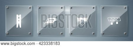 Set Squeeze Clothes, Washing Modes, Electric Iron And Clothes Pin. Square Glass Panels. Vector