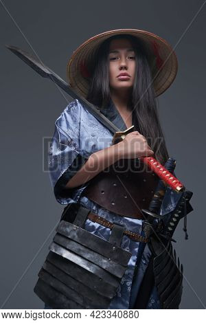 Eastern Woman Warrior With Samurai Sword And Kasa