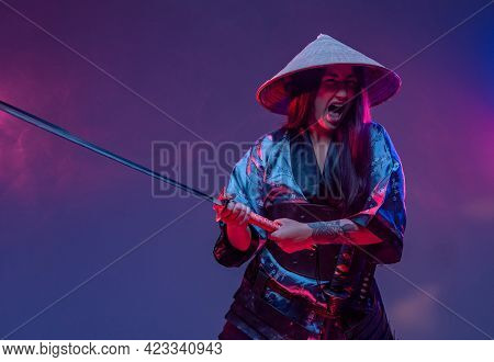 Screaming Woman Samurai In Fight Pose With Katana