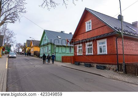 Trakai, Lithuania - February 16, 2020: Typical Wooden Karaim House In Trakai. It Is A Popular Touris