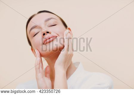 Female Do Facelifting Yoga Facial Self Massage. Woman Skin Health.