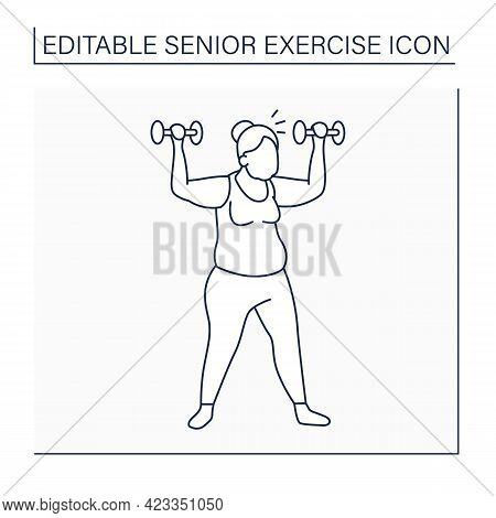Workout Line Icon. Exercises With Dumbbells. Low Impact Training. Cardio. Prevention Diseases. Senio