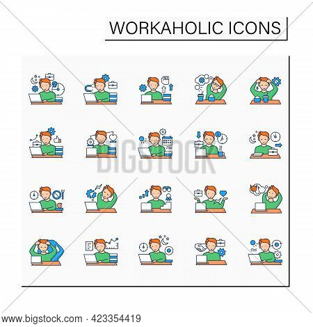 Workaholic Color Icons Set. Workaholism Prevention, Consequences. Workaholism Treatment, Ethic, Dile