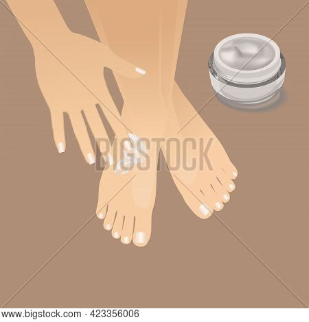 Beautiful Well-groomed Female Hand Applying Foot Moisturizer. Slender Groomed Woman's Feet With Crea
