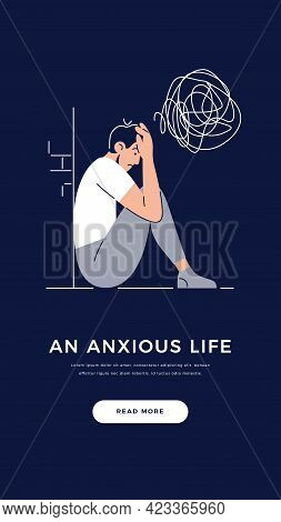 Anxiety, Stress, Mental Illnesses Banner. Young Man With Nervous Problem Feels Anxiety, Closing Face