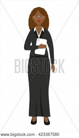 Beautiful African American Woman Wearing Formal Suit With Tablet In Her Hands. Teacher. Business Wom