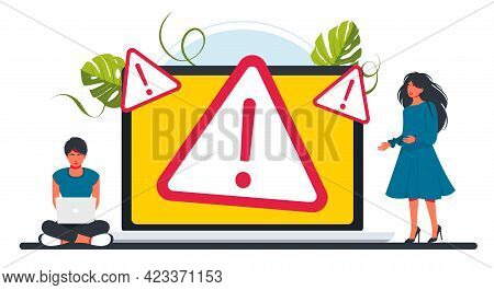 People Fix Error On Laptop. Concept Operating System Error Warning For Web Page, Banner, Presentatio