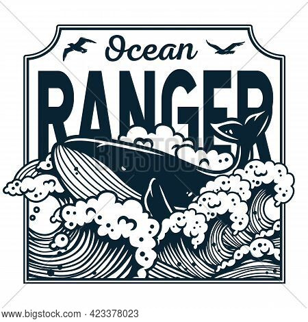 Whale At Marine Wave. Nautical Animal For Print